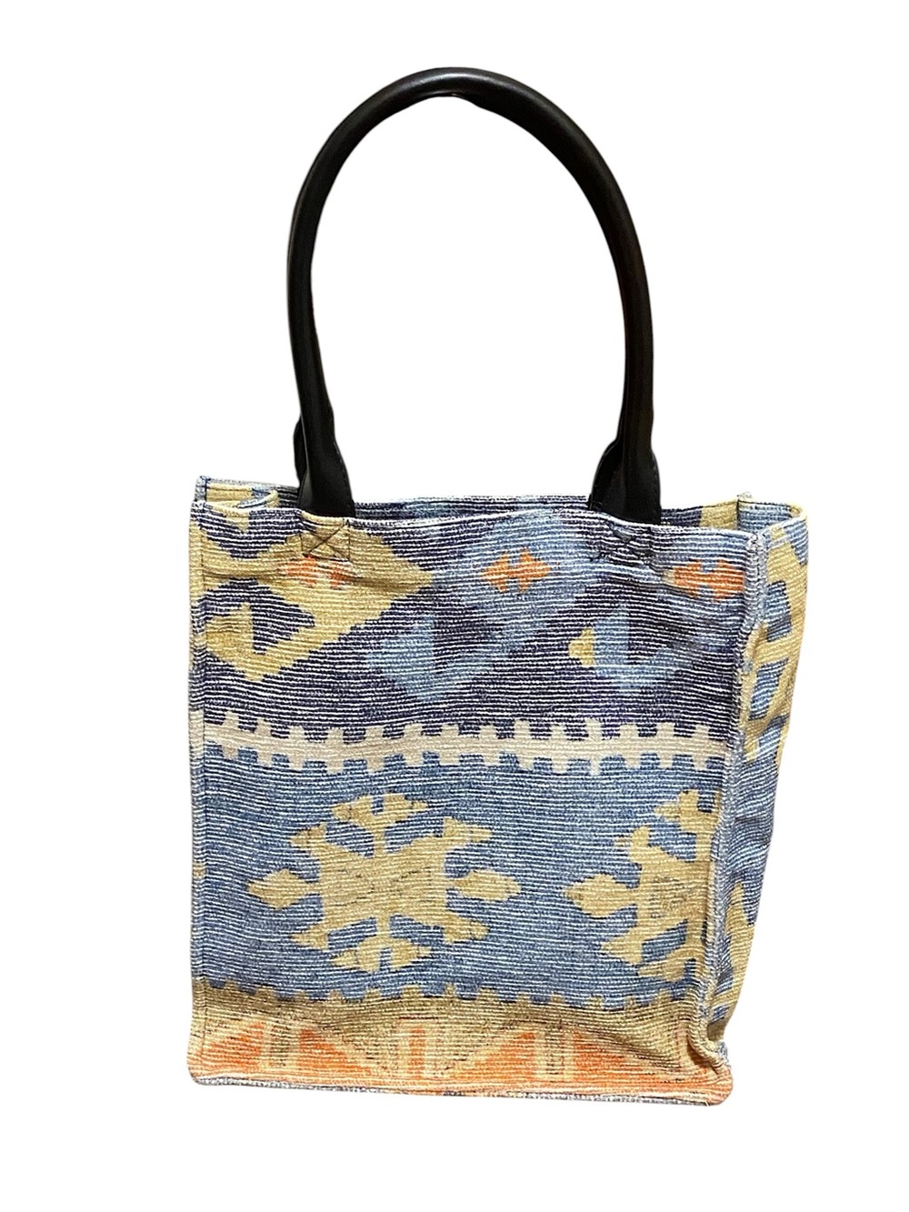 Woven tapestry fabric geometric tribal-inspired pattern Structured boho tote